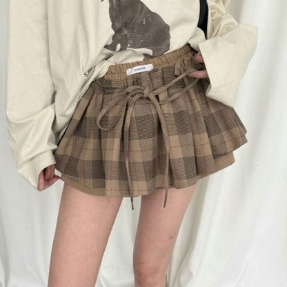 High Waist Plaid Overlay Tie Front Mini A-Line Skirt
