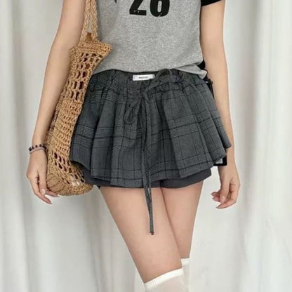 High Waist Plaid Overlay Tie Front Mini A-Line Skirt