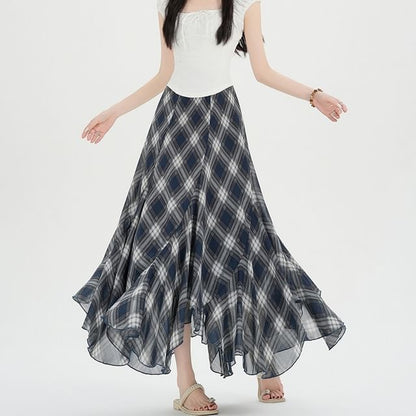 High Waist Plaid Asymmetrical Maxi A-Line Skirt