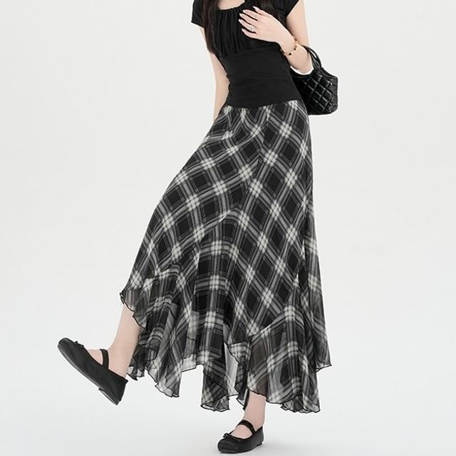 High Waist Plaid Asymmetrical Maxi A-Line Skirt