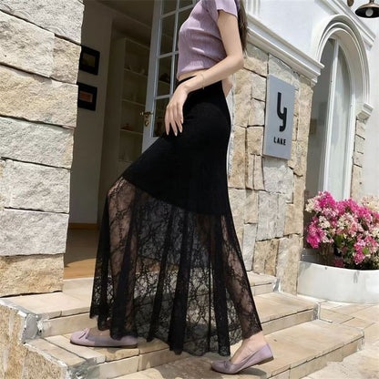 High Waist Plain Lace Maxi Mermaid Skirt