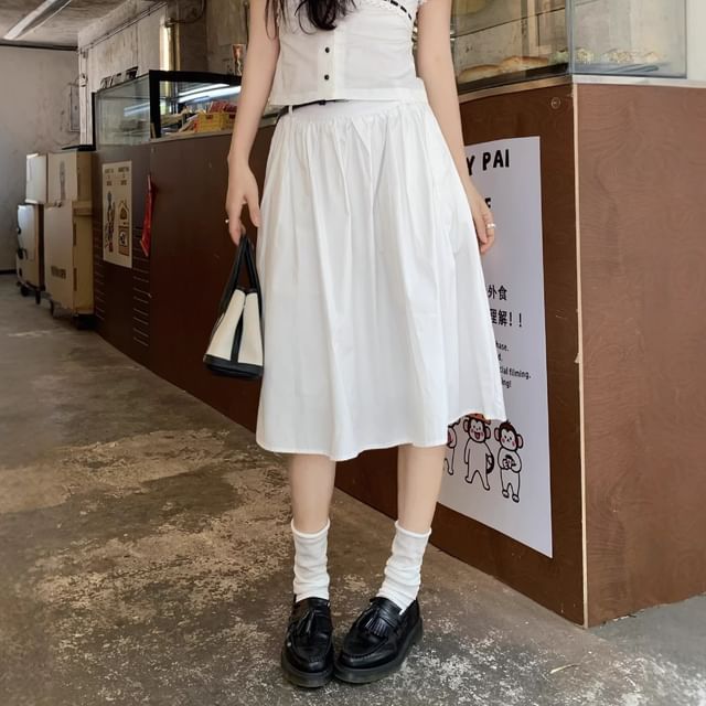 Set: High Waist Plain Gathered Midi A-Line Skirt + Belt