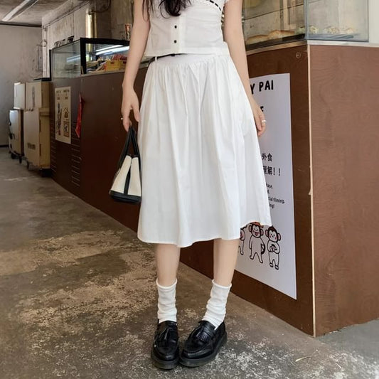 Set: High Waist Plain Gathered Midi A-Line Skirt + Belt
