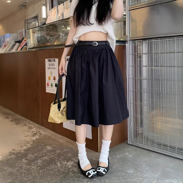 Set: High Waist Plain Gathered Midi A-Line Skirt + Belt