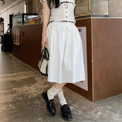 Set: High Waist Plain Gathered Midi A-Line Skirt + Belt