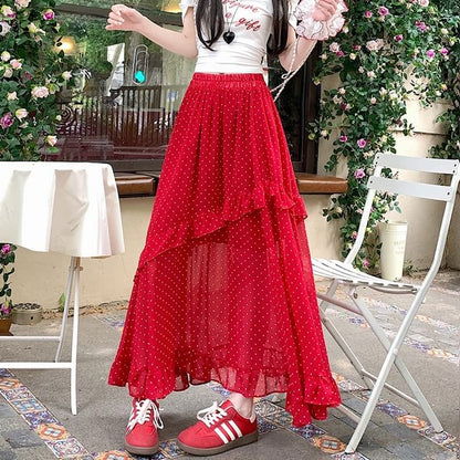 Elastic Waist Dotted Ruffle Slit Panel Mesh Maxi A-Line Skirt