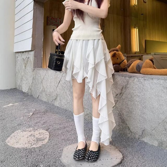 High Waist Plain Asymmetrical Ruffle Mini A-Line Skirt