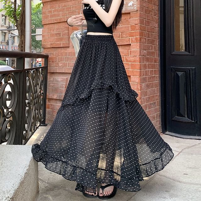 Elastic Waist Dotted Ruffle Slit Panel Mesh Maxi A-Line Skirt