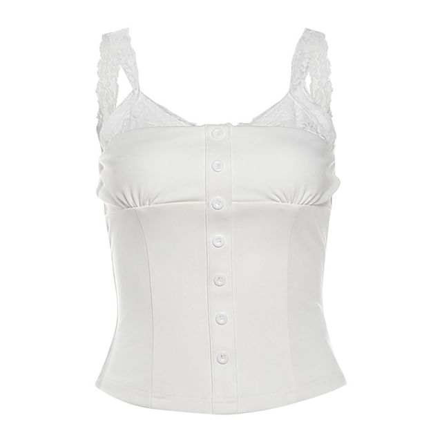 V-Neck Lace Panel Buttoned Crop Camisole Top / Low Rise Tiered Mini A-Line Skort