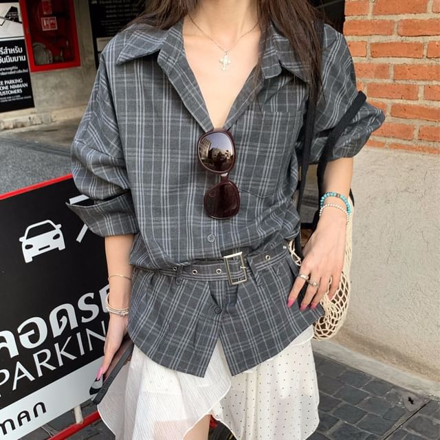 Long Sleeve Collared Plaid Shirt / High Waist Dotted Panel Asymmetrical A-Line Skirt
