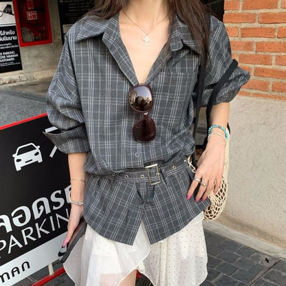 Long Sleeve Collared Plaid Shirt / High Waist Dotted Panel Asymmetrical A-Line Skirt