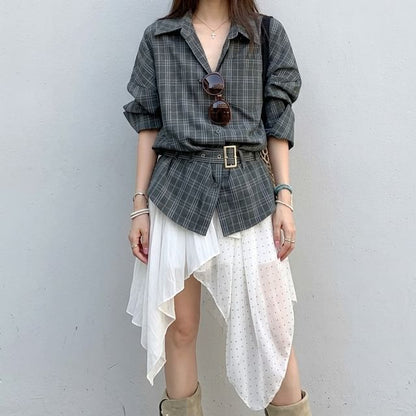 Long Sleeve Collared Plaid Shirt / High Waist Dotted Panel Asymmetrical A-Line Skirt
