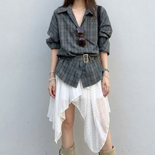 Long Sleeve Collared Plaid Shirt / High Waist Dotted Panel Asymmetrical A-Line Skirt