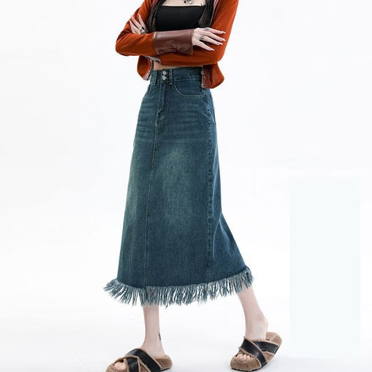 High Waist Fringe Frayed Denim Midi Skirt