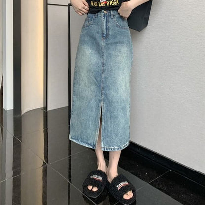 Mid Rise Washed Denim Midi A-Line Skirt