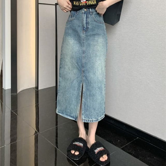 Mid Rise Washed Denim Midi A-Line Skirt