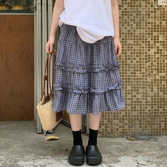 Elastic Waist Plaid Frill Trim A-Line Skirt