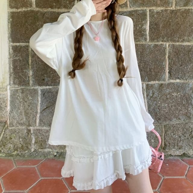 Set: Long-Sleeve Crew Neck Plain Sheer Panel Tie Back T-Shirt + Elastic Waist Frill Trim Mini A-Line Skirt