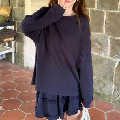 Set: Long-Sleeve Crew Neck Plain Sheer Panel Tie Back T-Shirt + Elastic Waist Frill Trim Mini A-Line Skirt