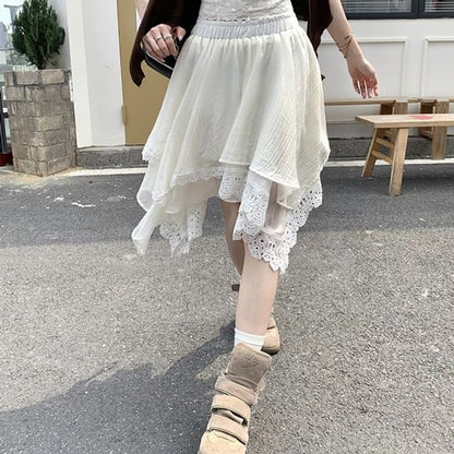 Elastic Waist Asymmetrical Lace Panel Layered A-Line Skirt
