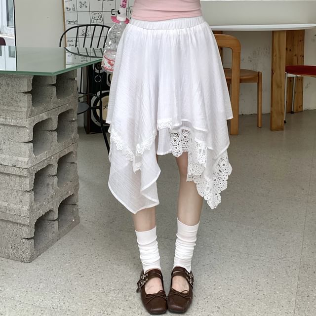 Elastic Waist Asymmetrical Lace Panel Layered A-Line Skirt