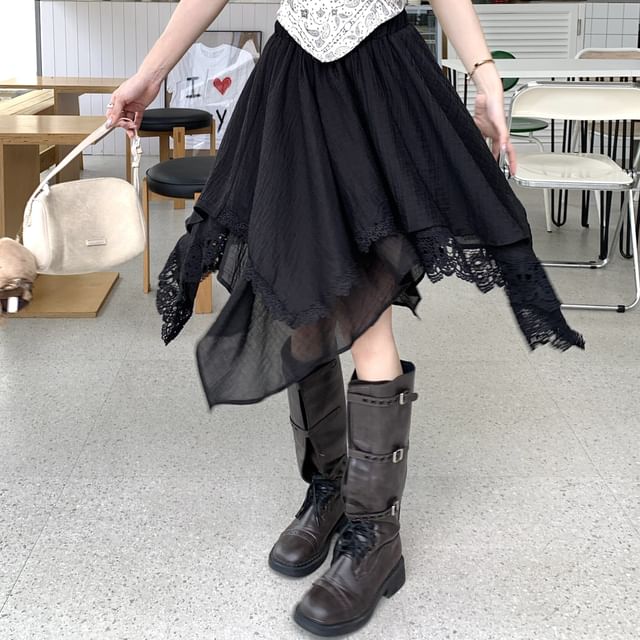 Elastic Waist Asymmetrical Lace Panel Layered A-Line Skirt