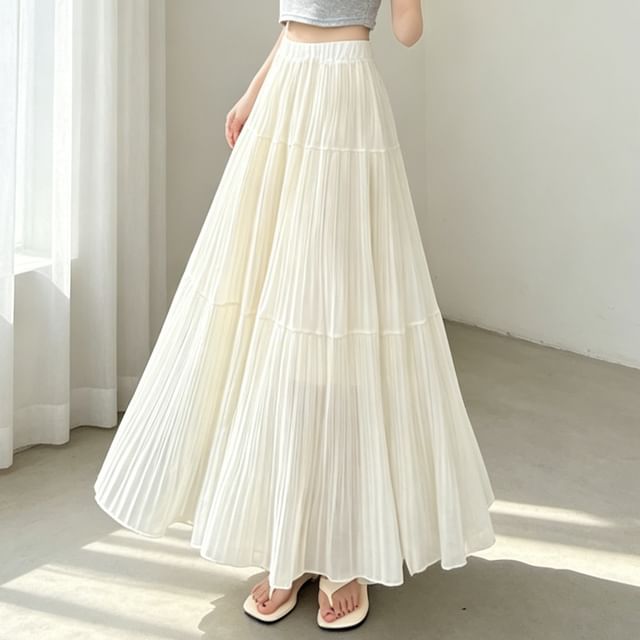 High Waist Plain Accordion Pleated Maxi A-Line Skirt