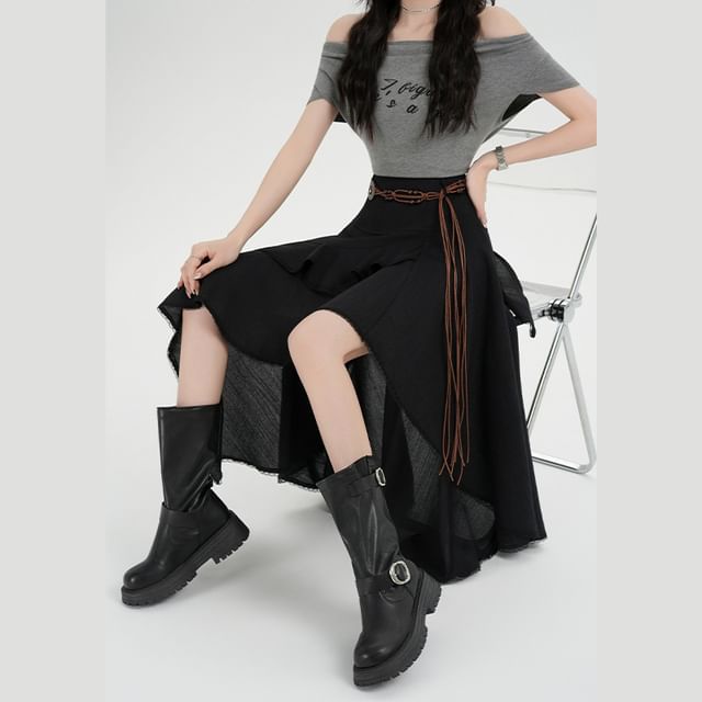 Set: High Waist Plain Asymmetrical Lace Trim A-Line Skirt + String Belt