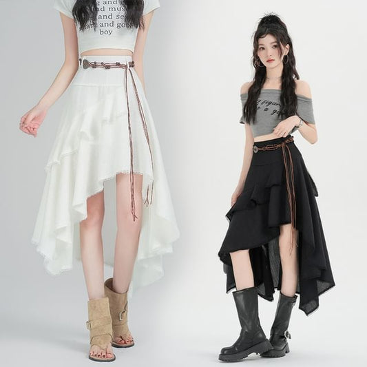 Set: High Waist Plain Asymmetrical Lace Trim A-Line Skirt + String Belt