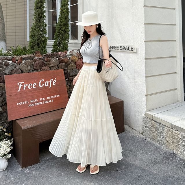 High Waist Plain Accordion Pleated Maxi A-Line Skirt