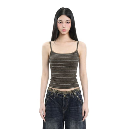 Slim-Fit Striped Crop Camisole with Two-Tone Look