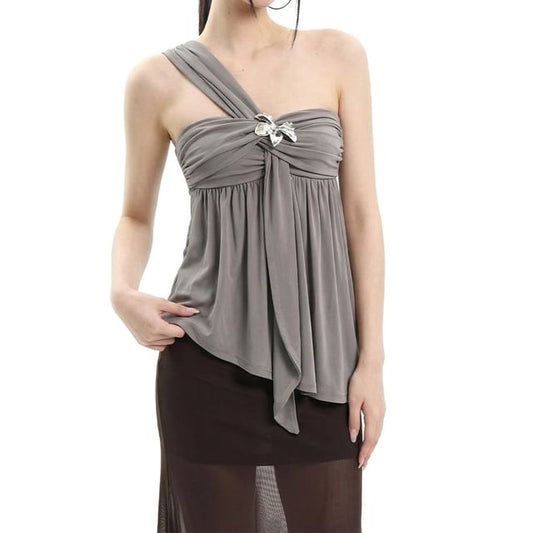 Asymmetrical One-Shoulder Ruched Tank with Metal Detail