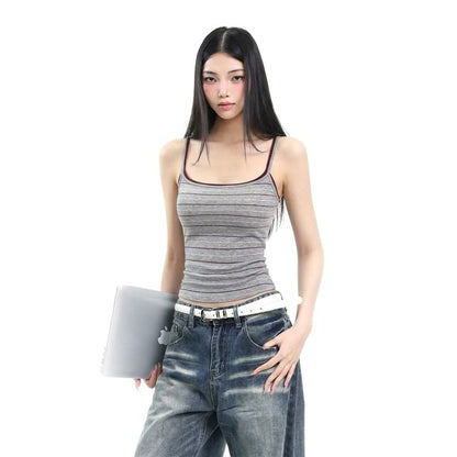 Slim-Fit Striped Crop Camisole with Two-Tone Look