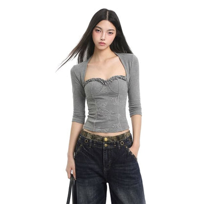 Sweetheart Lace-Panel Frill-Trim Three-Quarter Sleeve Crop Tee