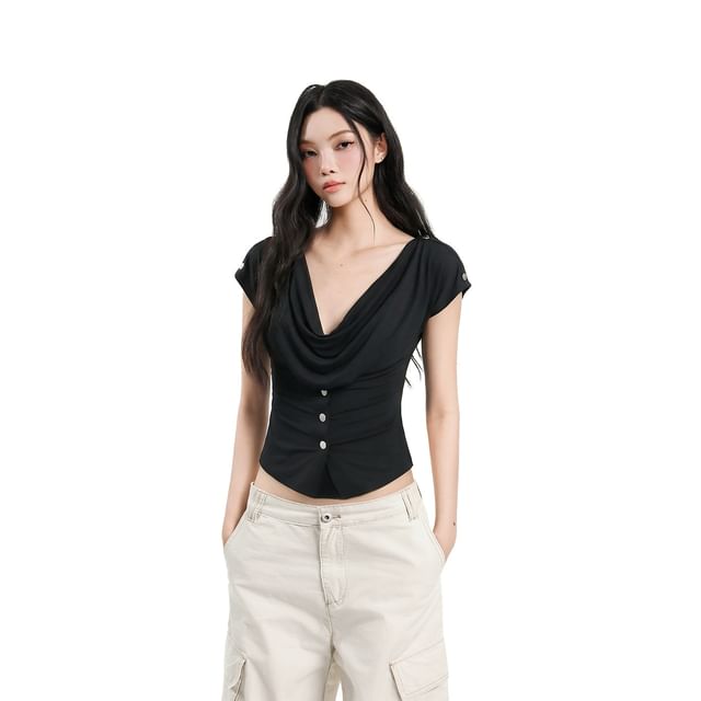 Buttoned Cowl-Neck Cap-Sleeve Fitted Crop Tee