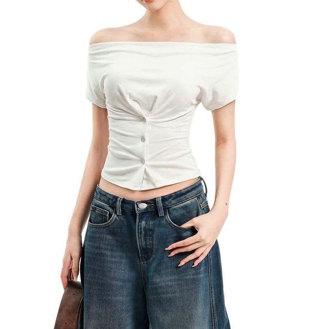 Buttoned Cowl-Neck Cap-Sleeve Fitted Crop Tee