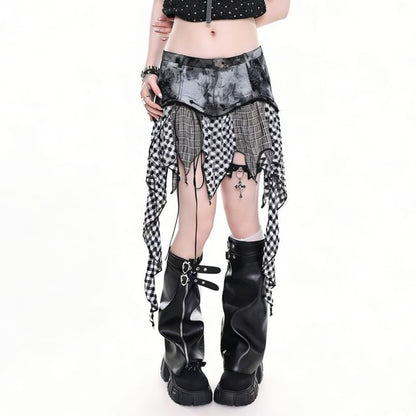 Low Waist Plaid Panel Asymmetrical Mini Skirt
