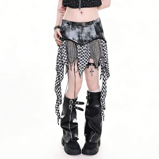 Low Waist Plaid Panel Asymmetrical Mini Skirt