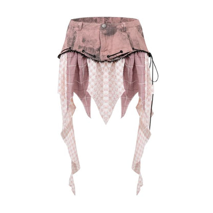 Low Waist Plaid Panel Asymmetrical Mini Skirt