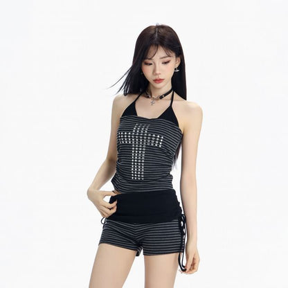 Striped Halter Crop Shirt with Matching Hot Shorts