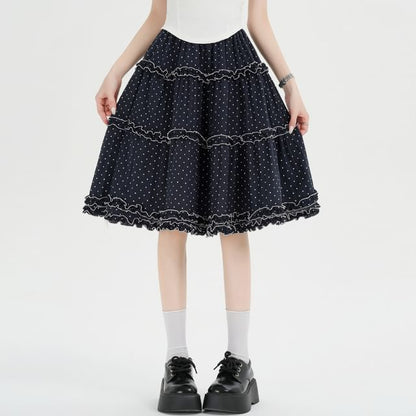 High Waist Polka Dot Frill Trim A-Line Skirt