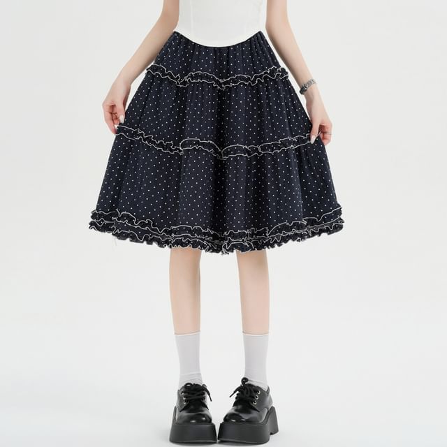 High Waist Polka Dot Frill Trim A-Line Skirt