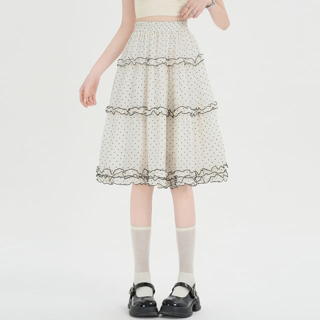 High Waist Polka Dot Frill Trim A-Line Skirt