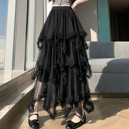 High Waist Plain Ruffle Asymmetrical Mesh Panel Maxi A-Line Skirt