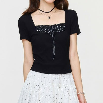 Square-Neck Dotted Panel Short-Sleeve Shirt