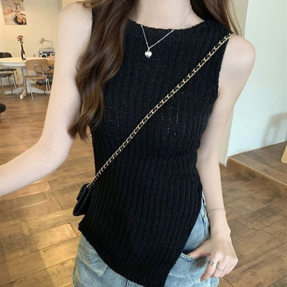 Asymmetrical Ribbed Knit Crew-Neck Tank