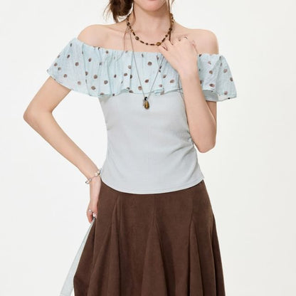 Ruffled Off-Shoulder Dotted Panel Short-Sleeve Tee