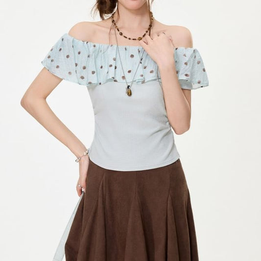 Ruffled Off-Shoulder Dotted Panel Short-Sleeve Tee