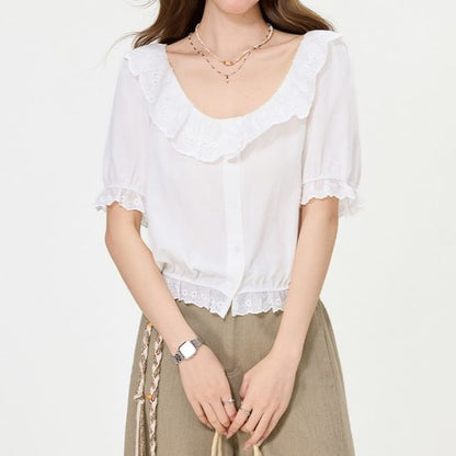 Puff-Sleeve Scoop-Neck Lace-Trimmed Blouse