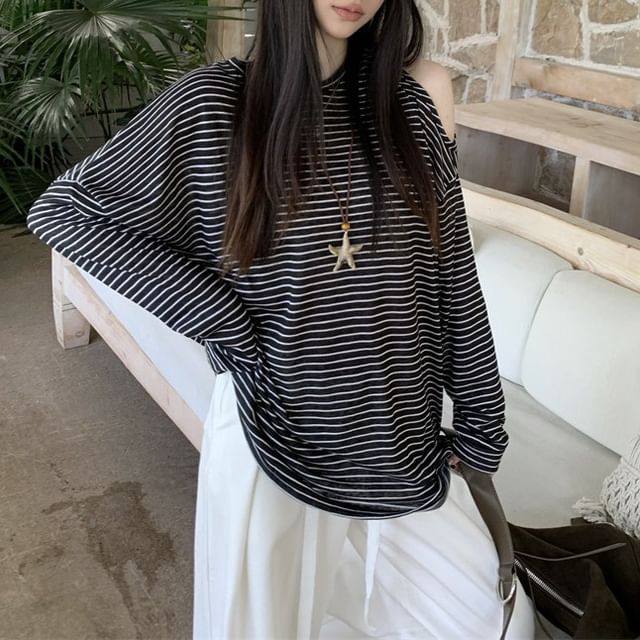 Cold-Shoulder Striped Long-Sleeve Tee